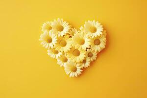 AI generated Yellow Heart Shaped By Yellow Daisies Over Yellow Background. AI Generated photo