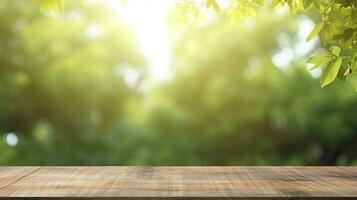 AI generated Beautiful blurred boreal forest background view with empty rustic wooden table photo