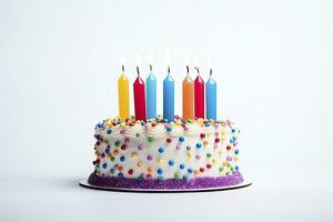 AI generated Colourful birthday cake with candles isolated on white background. AI Generated photo