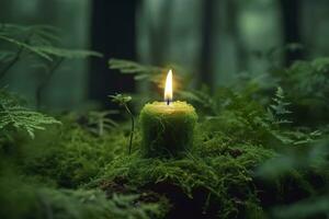 AI generated Burning candle on moss, dark green blurred the natural background. Magic candle. Generative AI photo