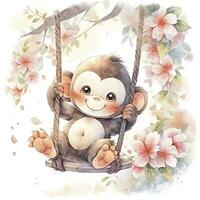 AI generated Cute happy baby monkey on swings on a tree in watercolor. AI Generated photo