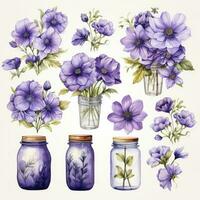 AI generated Collection of watercolor mason jars with purple flowers clipart. AI Generated photo