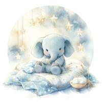 AI generated An elephant on a bed with stars and blankets around the circle. AI Generated photo