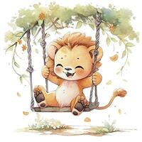 AI generated Cute and happy baby lion on swings on the tree in watercolor style. AI Generated photo