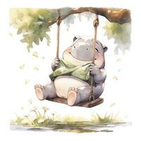 AI generated Cute happy baby rhino on swings in the tree in watercolor style. AI Generated photo