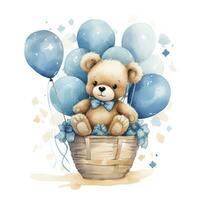 AI generated A watercolor baby teddy bear is sitting in the basket with blue and gold balloons. AI Generated photo