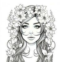 AI generated A girl on a coloring book page with Jasmine flowers. AI Generated photo