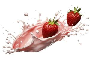 AI generated milk or yogurt splash with strawberries isolated on white background, 3d rendering. AI Generated photo