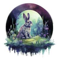 AI generated Watercolor Rabbit and Glowing Moon for T-shirt Design. AI Generated photo