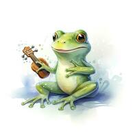 AI generated Watercolor green frog playing a tiny musical instrument on white background. AI Generated photo