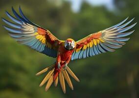 AI generated Flying macaw, beautiful bird. Generative AI photo