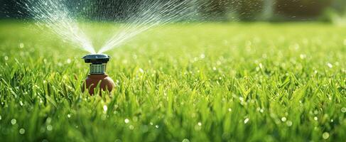 AI generated Automatic garden lawn sprinkler in action watering grass. AI Generated photo