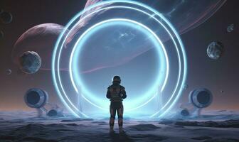 AI generated Astronaut in front of dimensional portal.  AI Generated. photo