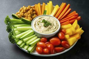 AI generated Crop shot of plate with colorful healthy sliced vegetables. AI Generated photo