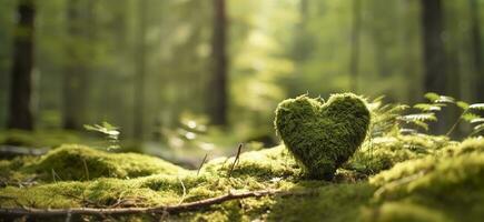 AI generated Closeup of wooden heart on moss. Natural burial grave in the woods. Generative AI photo