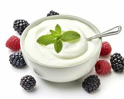 AI generated Green bowl of greek yogurt and fresh berries isolated on white background. AI Generated photo