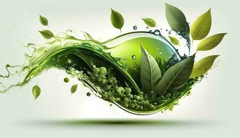 AI generated Green herbal tea wave splash with leaves flow. AI Generated photo