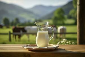 AI generated Glass pitcher with fresh milk on a wooden table. AI Generated photo