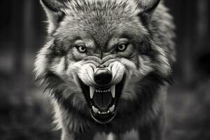 AI generated Greyscale closeup shot of an angry wolf with a blurred background. AI Generated photo