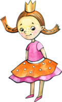 Watercolor hand drawn beautiful cute little princess girl in pink orange polka dot dress with gold crown. book Illustration png