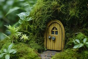 AI generated Little magic wooden fairy doors and plants leave on a mossy natural green background. AI Generated photo