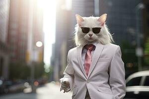 AI generated A cat is wearing sunglasses, suit and standing on street. AI Generated photo