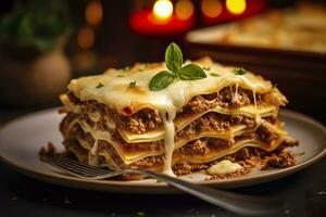 ai generado tradicional italiano comida lasaña con carne salsa. ai generado foto