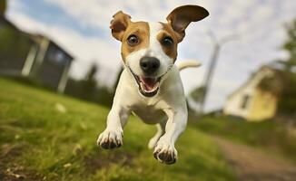 AI generated Jack Russel Parson Dog Run Toward The Camera Low Angle High Speed Shot. AI Generated photo