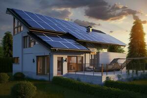 AI generated Modern house with blue solar panels on the roof. End of the day, sunset. AI Generated photo