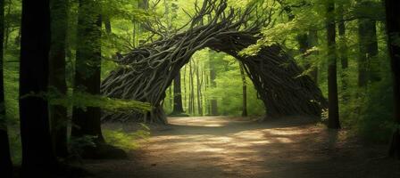 AI generated Natural archway shaped by branches in the forest. AI Generated photo