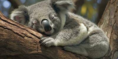 AI generated Koala asleep in tree. AI Generated photo