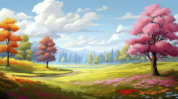 AI generated Spring season with colorful flowers and trees in a pretty meadow or field. AI Generated. photo