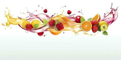 AI generated Swirl water splash with fruits. liquid flow with ice cubes and a mix of fresh fruits. Generative AI photo