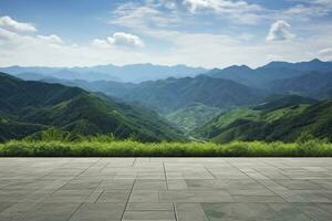 AI generated Square floor and green mountain nature landscape. AI Generated. photo