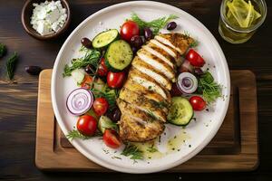 AI generated Seared chicken breast and Greek salad on a wooden table. Generative AI photo