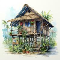 AI generated A watercolored bright serene image of a traditional bahay kubo. AI Generated photo