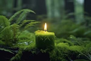 AI generated Burning candle on moss, dark green blurred the natural background. Magic candle. Generative AI photo