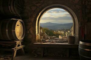 ai generado barril en un antiguo castillo junto a el ventana. ai generado foto