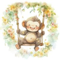 AI generated Cute happy baby monkey on swings on a tree in watercolor. AI Generated photo