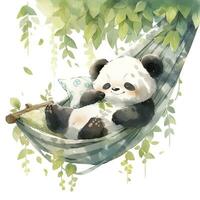 AI generated A sleepy baby panda in a hammock. watercolor illustration. AI Generated photo