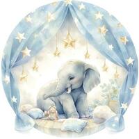 AI generated An elephant on a bed with stars and blankets around the circle. AI Generated photo