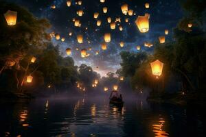 AI generated Lanterns fly in sky at river, Flying lanterns in the night sky during the Diwali festival Ai generated photo