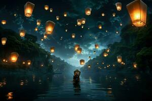 AI generated Lanterns fly in sky at river, Flying lanterns in the night sky during the Diwali festival Ai generated photo