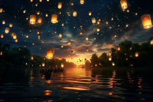 AI generated Lanterns fly in sky at river, Flying lanterns in the night sky during the Diwali festival Ai generated photo