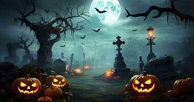 AI generated Pumpkins In Graveyard In The Spooky Night, Halloween Backdrop. Generative AI photo