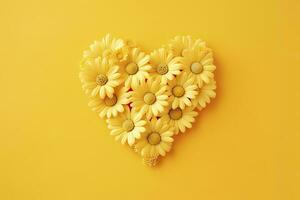 AI generated Yellow Heart Shaped By Yellow Daisies Over Yellow Background. AI Generated photo