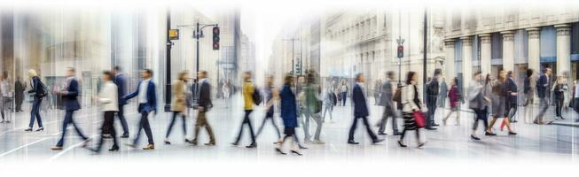 ai generado caminando personas difuminar. un montón de personas caminar en el ciudad de Londres. amplio panorámico ver de personas cruce el la carretera. ai generado foto