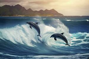 ai generado juguetón delfines saltando terminado rotura ondas. Hawai Pacífico Oceano fauna silvestre escenario. generativo ai foto