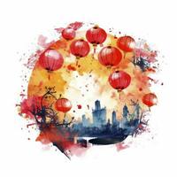 AI generated Lantern Festival in watercolor style. T-shirt Design. AI Generated photo