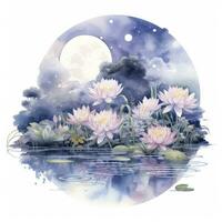 AI generated Floral Moon and Water Lilies on a white background. AI Generated photo